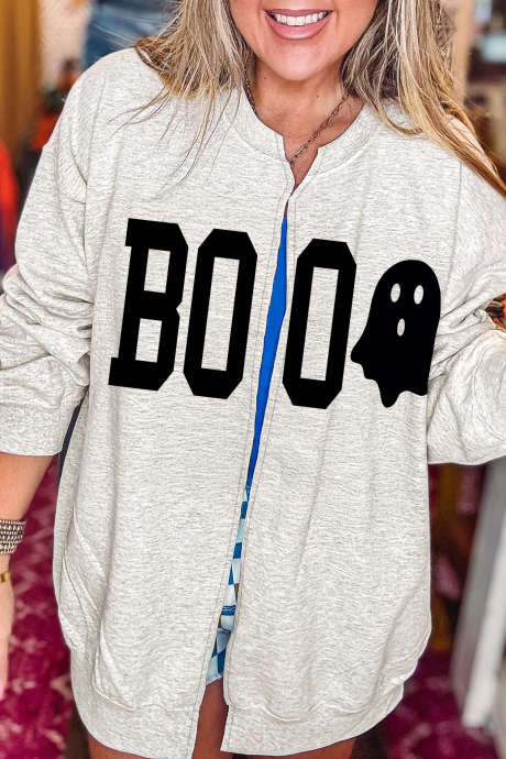 Svetlo siva pulover s potiskom duhov Halloween Boo z odprtim sprednjim delom LC25320732-P1011