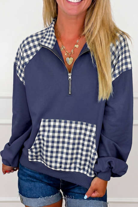 Felpa con tasca e cerniera a un quarto, fantasia a quadri patchwork blu navy LC25321950-P605