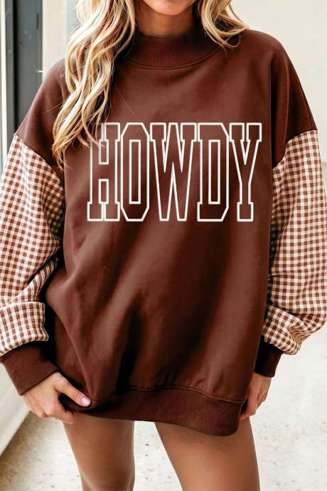 Koffiekleurige, contrasterende geruite mouwen HOWDY geborduurde letter graphic coltrui
