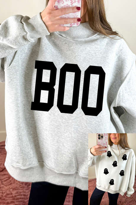 Moletom reversível de gola alta com estampa de fantasmas e slogan de Halloween "Boo" em cinza claro