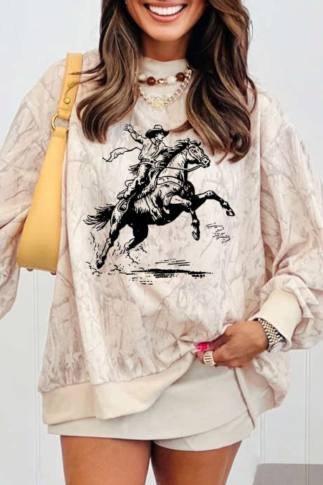 Khaki Western Rodeo Riding Print Tie-Dye Mock Neck Sweatshirt