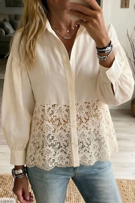 Beige Udhulet Blonde Patchwork Langærmet Skjorte