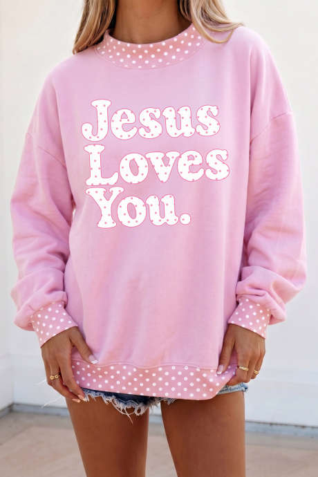 Moletom de gola alta com estampa de bolinhas e slogan "Jesus te ama" em rosa