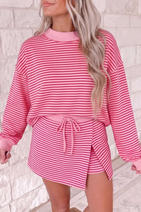 Pink Stripe Ribbed Trim Crewneck Pullover Drawstring Split Skort 2pcs Set