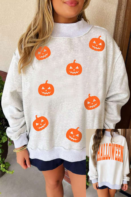 Moletom gola alta cinza claro com estampa de rosto de abóbora para o Halloween