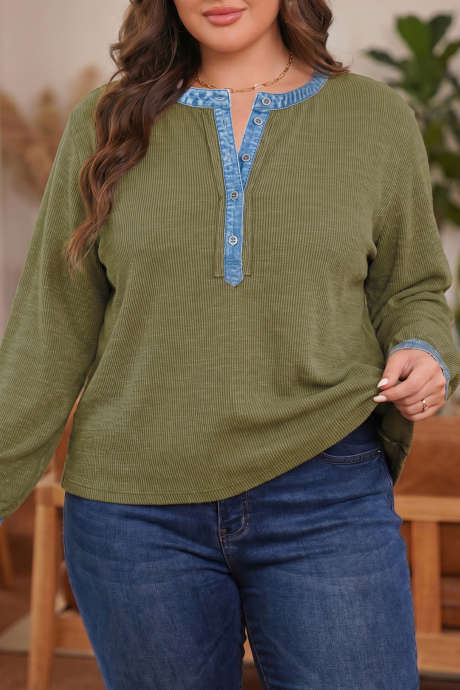 Blusa de talla grande PL2515692-P2909, de punto acanalado con detalles vaqueros y cuello en V, manga larga y corte holgado.