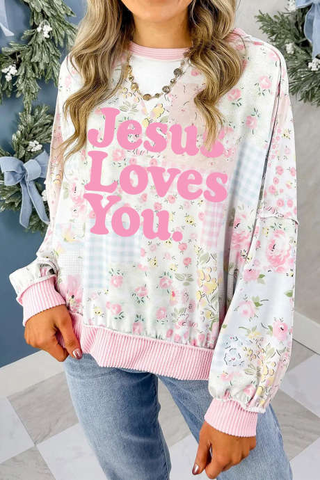 Roza casual Jesus Loves You Mešani cvetlični potiskani pulover z vzorcem LC25139528-P1020