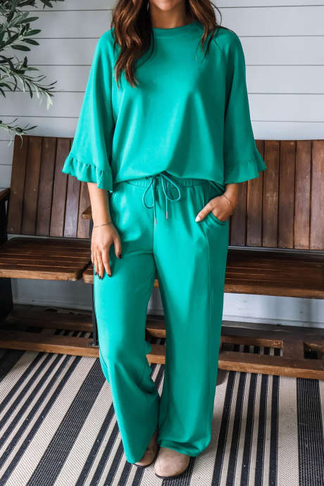 Sea Green Ruffle Trim 3/4 Sleeve Casual Top Drawstring Pants Set