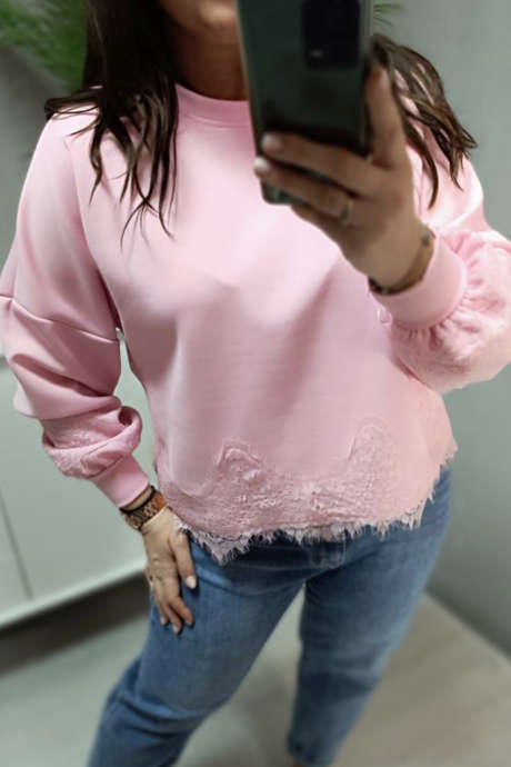 Lyserød rund hals med blondekant og patchwork-print, sænkede skuldre i plus size