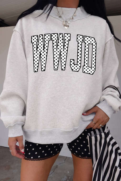 Moletom de gola alta com estampa de bolinhas cinza claro e slogan WWJD