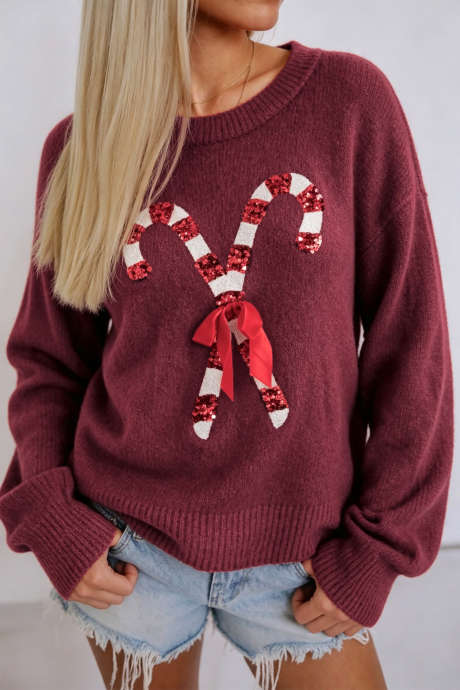 Suéter navideño informal festivo con lentejuelas y diseño de bastón de caramelo de Red Dahlia LC2729150-P403
