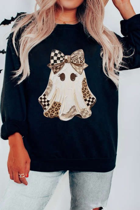 Black Leopard Checkered Ghost Print Drop Shoulder Pullover Sweatshirt