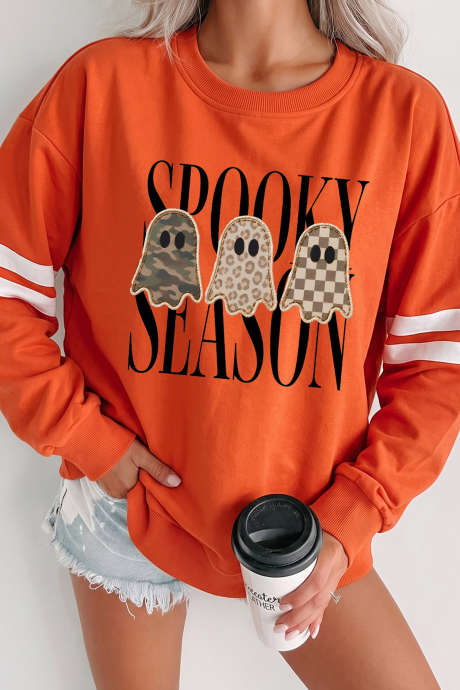 Pomarańczowa, upiorna bluza z nadrukiem „Spooky Season Ghost Graphic Varsity” z rękawami w paski na Halloween LC25322796-P14