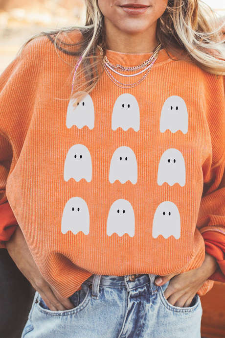 Sweat-shirt à col rond orange à motif fantôme pour Halloween