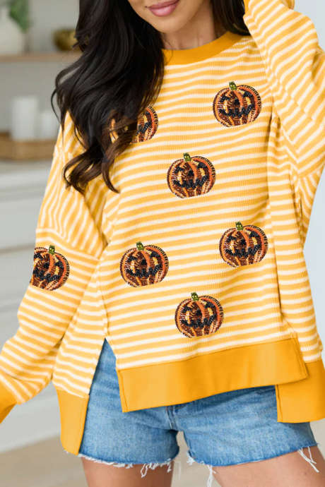 Haut décontracté à manches longues fendu sur le côté, rayé kaki et sequins, motif citrouille d'Halloween