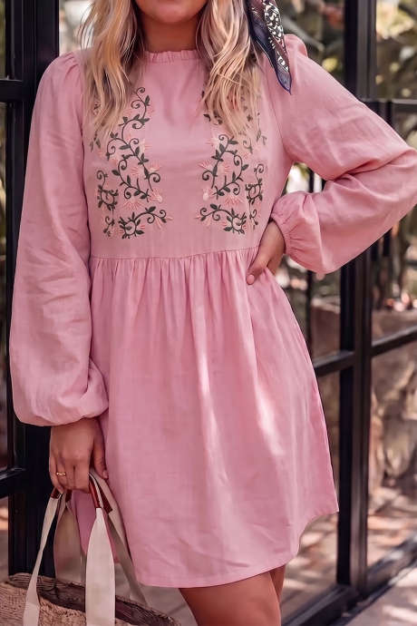 Pink Embroidered Floral Ruffled Neckline Bubble Sleeve Plus Size Shift Mini Dress