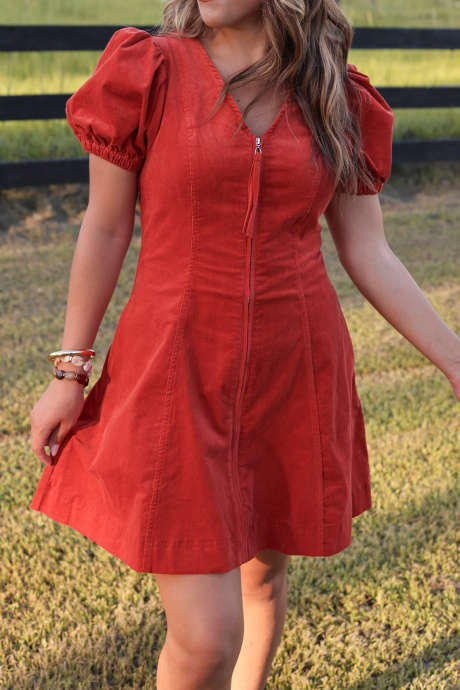 Fiery Red Zipped Front V Neck Short Puff Sleeve Corduroy Mini Dress