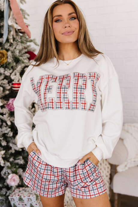 Flerfärgad rutig MERRY Holiday långärmad topp och shortsset