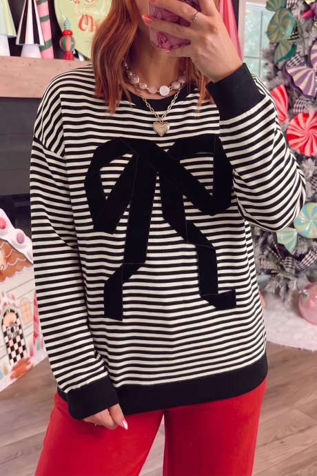Sudadera holgada de terciopelo con estampado de lazo y rayas negras LC25321634-P219