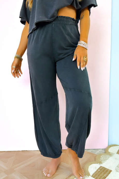 Black Mineral Wash Frilly Shirred Elastic Waist Harem Pants