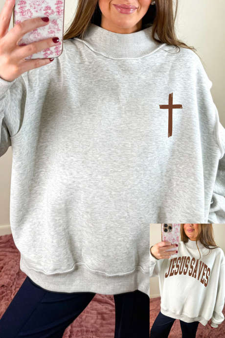 Sweat-shirt à col montant réversible gris clair avec croix et slogan «&nbsp;JÉSUS SAUVE&nbsp;»