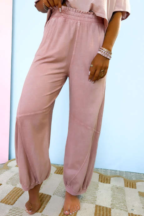 Fushia Mineral Wash Frilly Shirred Elastic Waist Harem Pants