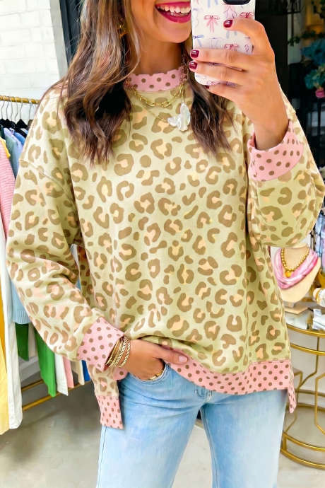 Khakifarbenes Langarmshirt mit Leopardenmuster, Polka-Dots und farblich abgesetzten Details