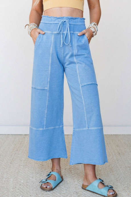 Sky Blue Acid Wash Drawstring Waist Ankle-Length Wide Leg Patchwork Pants