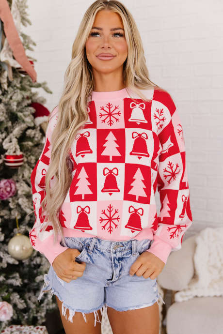 Suéter tipo túnica de punto rosa con cuello redondo y manga larga, estilo casual, con estampado a cuadros navideños (LC2728943-P1022)