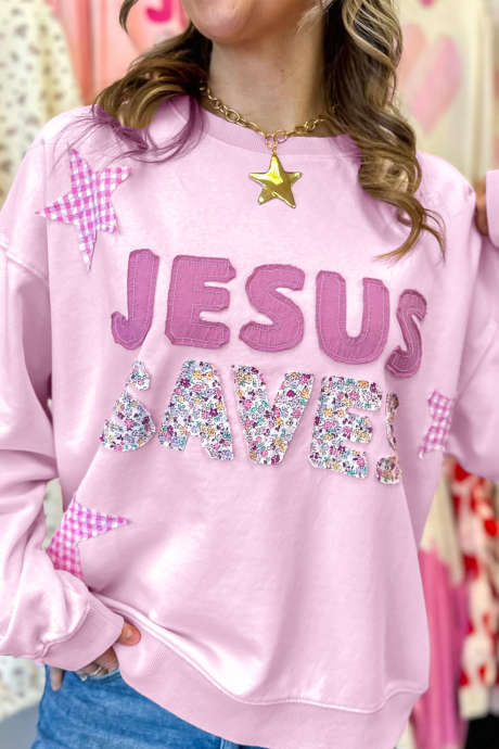 Pinkfarbenes Sweatshirt mit JESUS-SAVES-Motiv, kariertem Sternenmuster und Übergröße