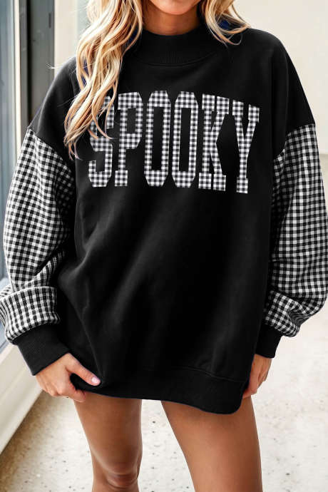Pull-over d'Halloween à manches à carreaux contrastées noires avec motif de lettres effrayantes