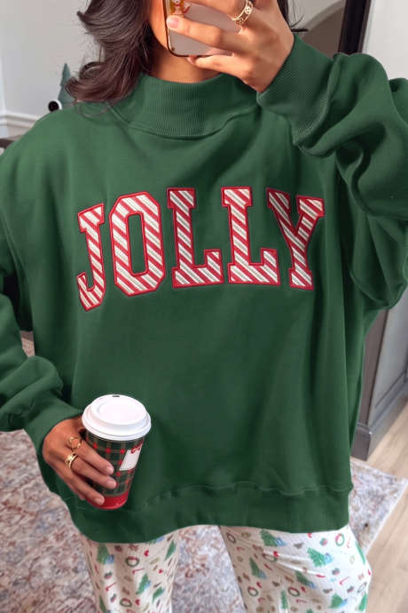 Schwarzgrüner MERRY-Pullover mit gesticktem Buchstaben und hohem Kragen, Tunika-Sweatshirt