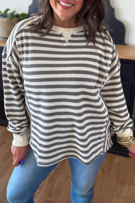 Gray Stripe Textured Knit Round Neck Plus Size Top