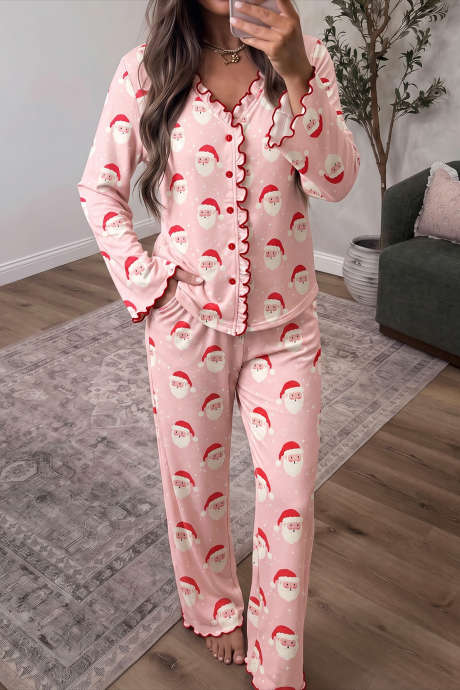 Set pantaloni de casă roz cu imprimeu de Crăciun cu Moș Crăciun și nasturi în față, cu mânecă lungă și volane