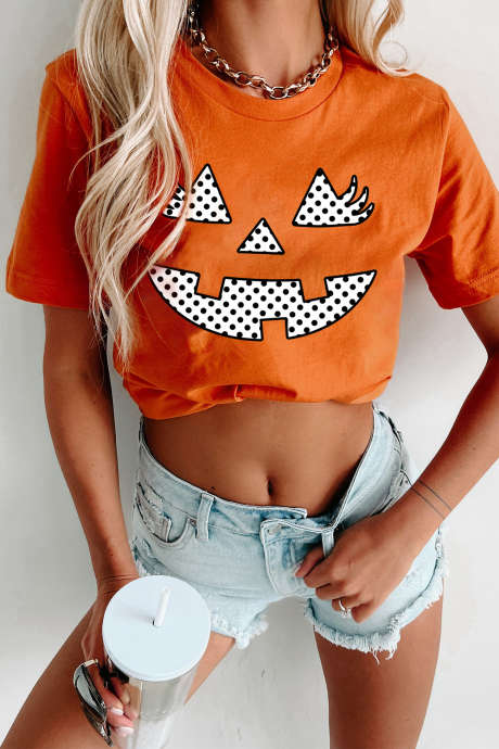 Camiseta de gola redonda com estampa de abóbora laranja de bolinhas para o Halloween