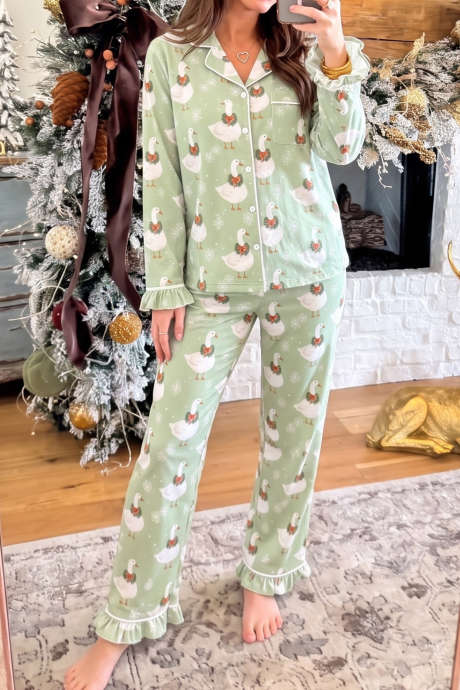 Set pijamale cu mânecă lungă, stil cămașă, cu imprimeu de gâscă și volane, verde, cu fulgi de zăpadă