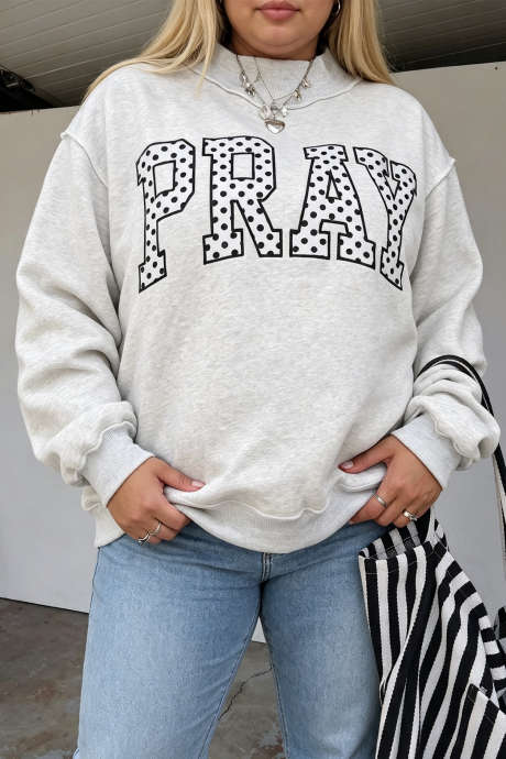 Šedá - Mikina PRAY s puntíkovaným potiskem a výstřihem do V, plus size