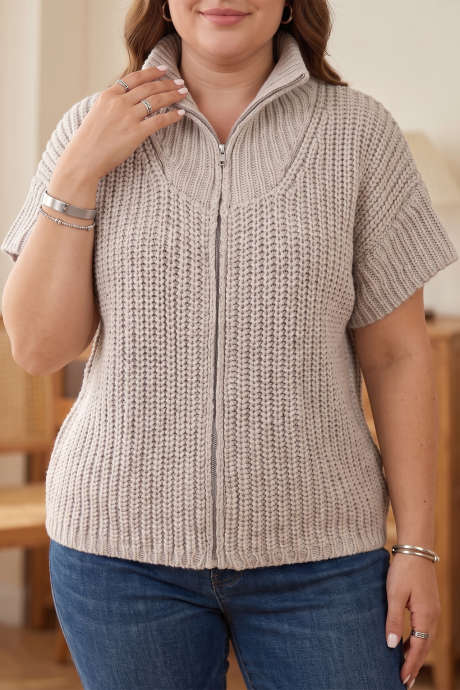 Pletený svetr Jet Stream Plus Size s krátkým rukávem a žebrovaným vzorem na zip