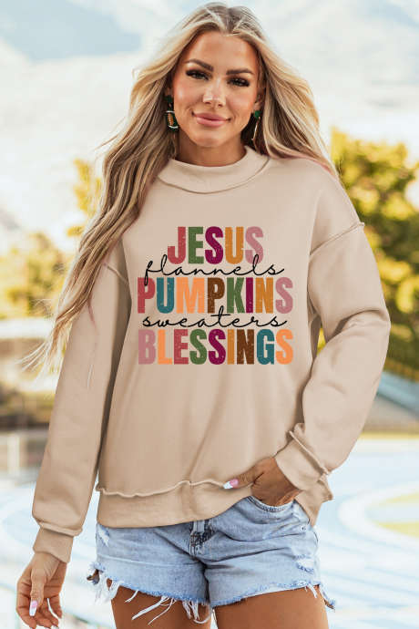 Apricot Thanksgiving Slogan Graphic Exposed Seam Mock Neck Sweatshirt