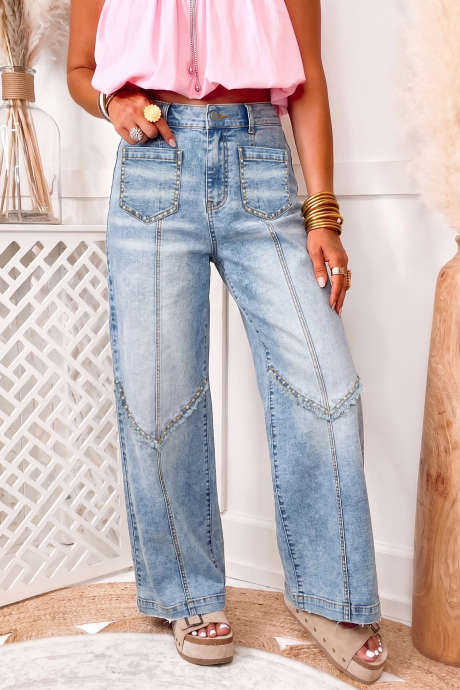 Beau Blå Frayed Nit Detalj Vida Ben Jeans Med Fickor