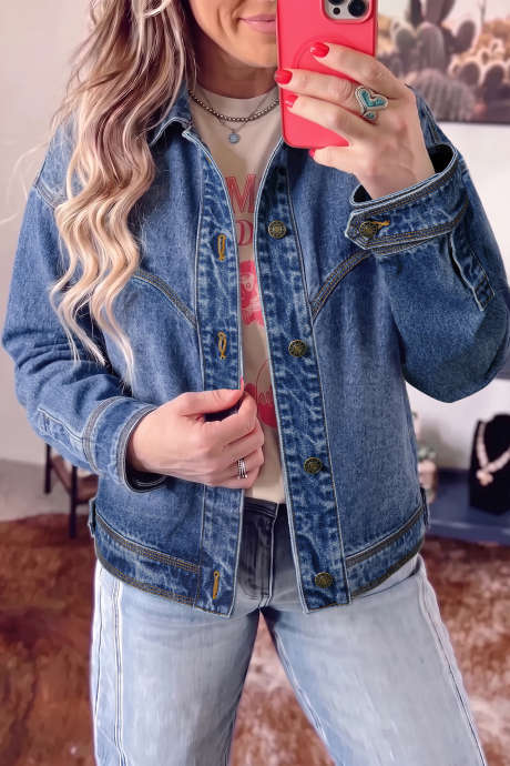 Jeans jakna v vintage slogu z jadralno modrim vzorcem LC7881122-P905