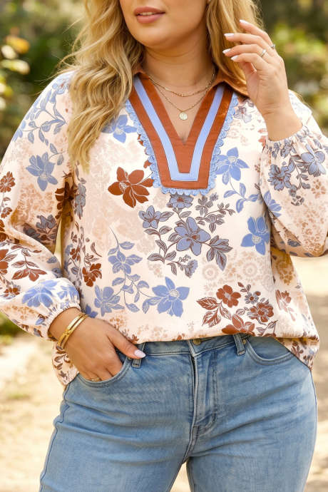 Weiße Bluse in Übergröße mit Blumenmuster, Kontrastkragen, V-Ausschnitt und langen Ärmeln
