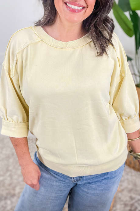 Yellow Cream Casual Seamed Bracelet Sleeve Plus Size Pullover Top
