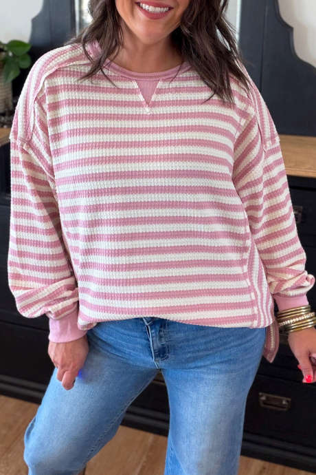 Pink Stripe Textured Knit Round Neck Plus Size Top
