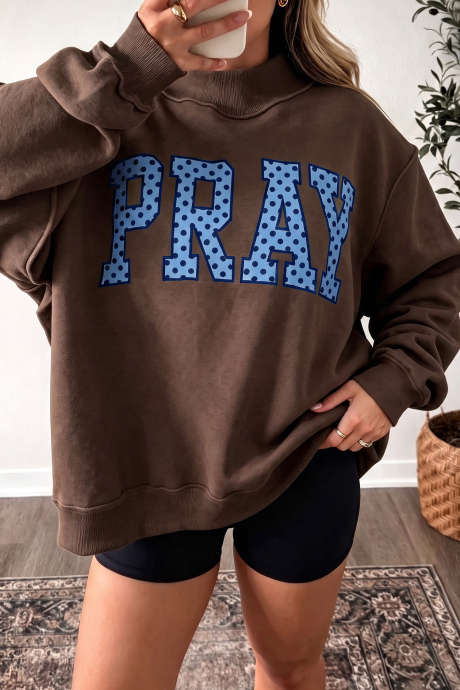 Kaffeefarbenes PRAY Polka Dot besticktes Mock Neck Sweatshirt