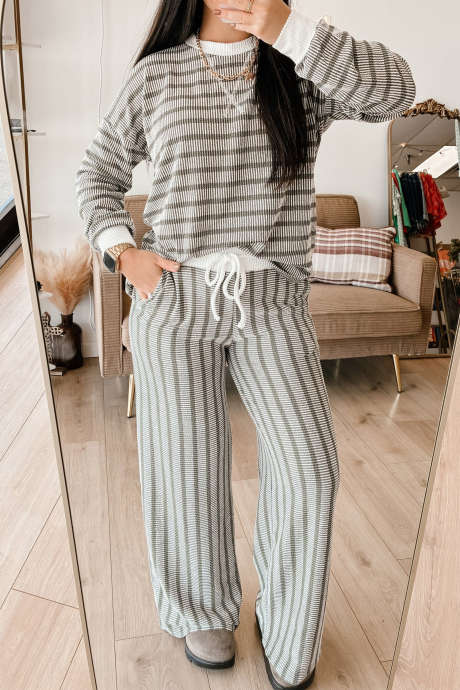 Green Stripe Twist Ribbed Long Sleeve Casual Pants Set