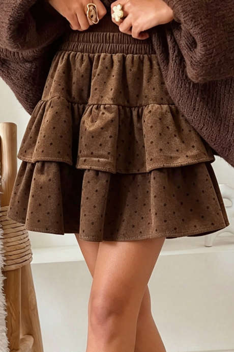 Cicory Coffee Polkaprikket Mini Nederdel Med Lagdelt Smock i Taljen