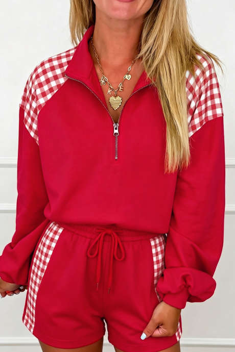 Conjunto de jersey corto con cremallera hasta la mitad y cordón ajustable, estampado a cuadros rojo intenso (LC6210182-P3)