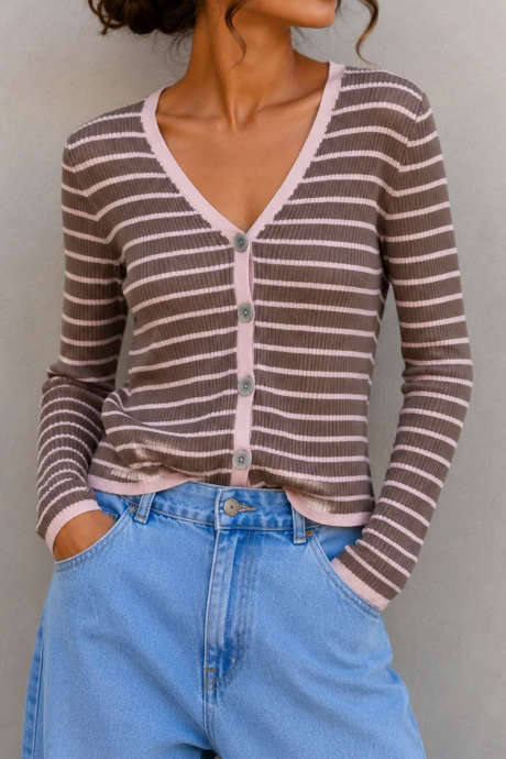 Brown Stripe V Neck Button Front Long Sleeve Slim Cardigan