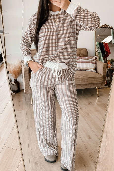 Khaki Stripe Twist Ribbed Long Sleeve Casual Pants Set